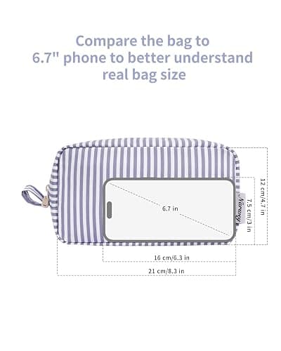 Narwey Cute Stripe Large Makeup Bag Travel Make Up Bags Women with Comparments Small Toiletry Bag Cosmetic Bag Organizer Zipper Pouch for Teen Girls (Greyish Blue Stripe, Large) thumbnail 6
