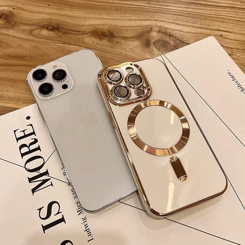 OOK Magnatic Case for iPhone 15 Pro Max Case [Compatible with MagSafe] Full Camera Lens Protector Gold Electroplate Edge Soft TPU Shockproof Protective Phone Case for Women Men 6.7 Inch - Wihte thumbnail 2
