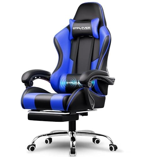 GTPLAYER Gaming Chair, Computer Chair with Footrest and Lumbar Support, Height Adjustable Game Chair with 360°-Swivel Seat and Headrest and for Office or Gaming (Faux Leather, Blue) - Image 1