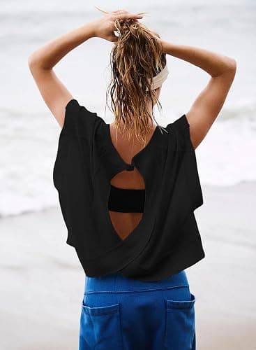 Kumufenc Women Short Sleeve Workout Shirts Open Back Tops Casual Yoga Y2k Athletic Gym Slouchy Crop Running Tees thumbnail 5