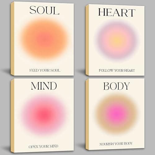 Framed Art Angel Halo Aesthetics Poster Set of 4 Pieces Colorful Aura Gradient Canvas Wall Art Spirit Soul Quote Print Painting Danish Pastel Bedroom Bathroom Yoga Wall Decor Gift for Lovers 12x16 - Image 1