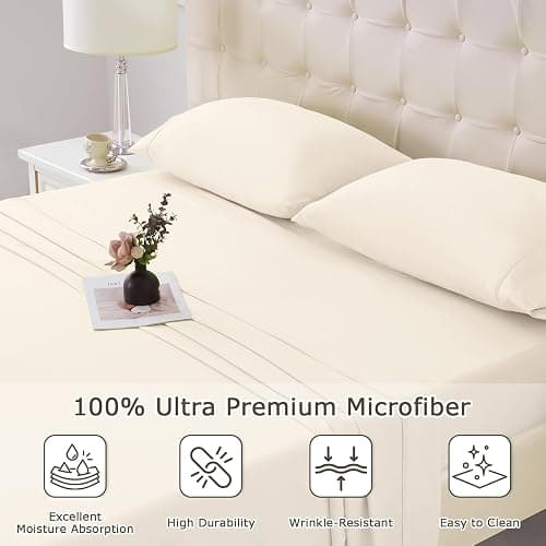 Homilay Full Size Bed Sheet Set - 4 Piece Soft Microfiber Sheets with Deep Pockets, Cooling Technology, and Wrinkle-Free Pillowcase. Hotel-Quality, Durable Bedding, Cream thumbnail 3