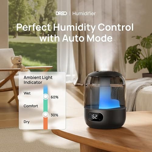 Dreo Humidifiers for Bedroom, 3L Top Fill 30H & 26dB Quiet Runtime for Large Room, Cool Mist Ultrasonic Humidifier with Humidity Sensor, Night Light for Home, Baby, Nursery, Plants, 360° Nozzle, Black thumbnail 3