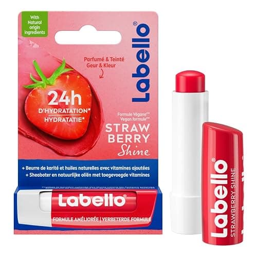 LABELLO Strawberry Shine (1 x 5,5 ml), Baume à lèvres enrichi en huiles naturelles et vitamines C & E, Soin des lèvres Hydratation longue durée pendant 24H - Image 1