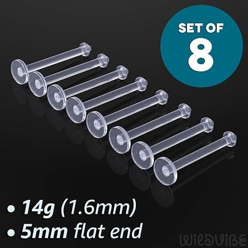 Flat Clear Tongue Ring For Work, Surgery - 14g Hypoallergenic Flat Tongue Rings For Women - 16mm (5/8) Flexible Straight Barbell Bioflex Plastic Tongue Rings Piercing Retainer Jewelry Spacers (8pcs) - clear thumbnail 2