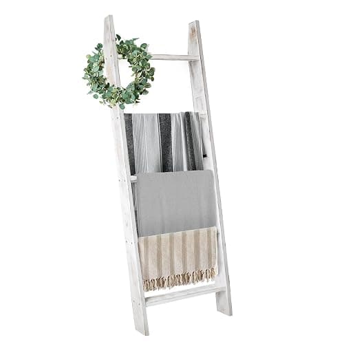 Honest Blanket Ladders for The Living Room, 5-Tier Blanket Holder, Wall-Leaning Blanket Rack, Ladder Shelves, Wooden Quilt Ladder, Farmhouse Decor, White - Image 1