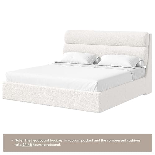 DICTAC California King Boucle Bed Frame with Headboard, Upholstered Platform Bed with Wood Slats, Soft Cloud Bed with Solid Wood Legs, No Box Spring Required, Easy Assembly, Cream thumbnail 8