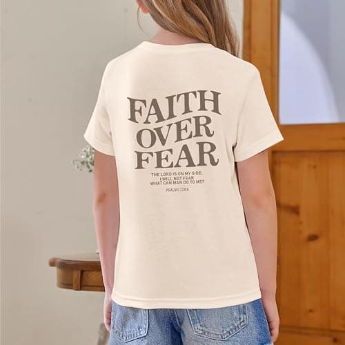 Lubpow Faith Over Fear Shirt Christian Jesus Tshirts for Girls Religious Inspirational Tees Bible Verse Tops for Kids 3-12 thumbnail 5