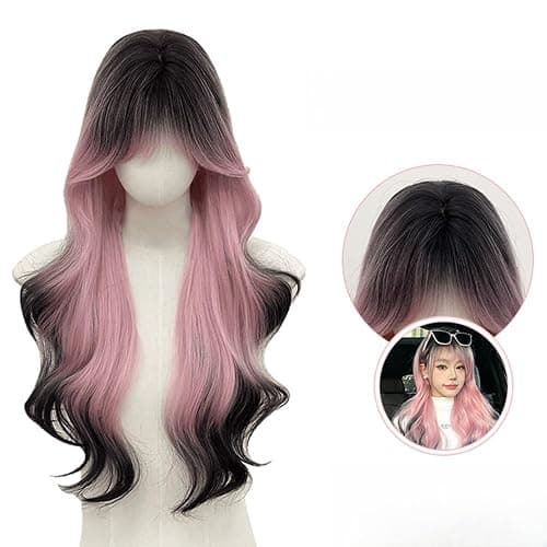 huafan luxkazya Pink Black Brown Gradient Long Wavy Wig for Women Lolita Ombre Pink Curly Wig Natural Looking Synthetic Wigs Hair Replacement Wigs for Daily Party Use thumbnail 3