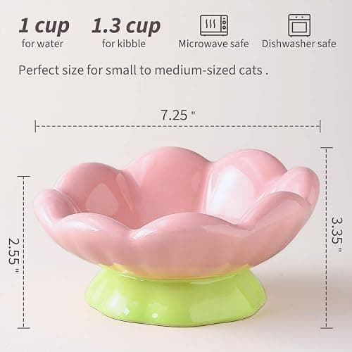 EubooTree Ceramic Raised Cat Bowl, Shallow Wide, Anti-Vomiting and Whisker Fatigue, Non-Slip, Tilted Cute Flower Cat Food and Water Bowls for Indoor Cats or Small Dogs, Pink thumbnail 4