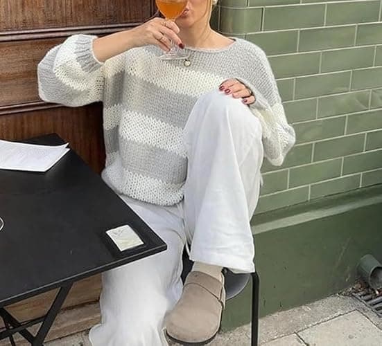 Pinclodly Oversized Sweaters for Women Color Block Striped Sweaters Y2K Crewneck Long Sleeve Knit Sweater thumbnail 2