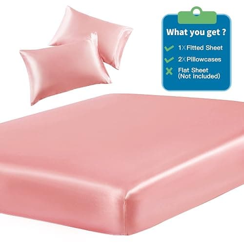 SiinvdaBZX 3-Piece Set Satin Twin Fitted Sheet & 2 Pillowcase, Blush Pink Silky Soft Fitted Bottom Sheet, Wrinkle Free, Fade Resistant, Deep Pocket Bed Sheet (Deep Up to 15") thumbnail 3