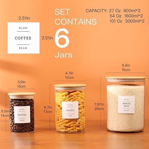 6-Pack Borosilicate Glass Storage Jars with Bamboo Lids + 132 Pre-Printed Pantry Labels Included, BPA-Free Thicken Airtight Containers for Flour, Sugar, Rice, Microwave & Freezer Safe(100OZ/54OZ/27OZ) thumbnail 2