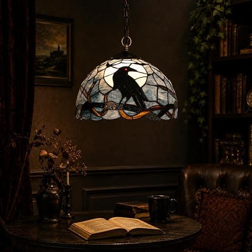 Bieye L10978 Raven Tiffany Style Stained Glass Ceiling Pendant Light (Dark Blue, 12 inches Wide) thumbnail 2