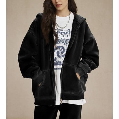 Talakeno Womens Double Zip Up Hoodies Oversized Heavyweight Fleece Sweatshirt Acid Wash Hoodie Vintage Distress Cotton Jacket thumbnail 2