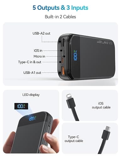 LENGSUM Portable Charger Power Bank Built-in Cables, 32000mAh 22.5W USB C Fast Charging, 5 Outputs 3 Inputs Travel Essentials Battery Pack Compatible with iPhone, iPad, Samsung, Google Pixel, Black thumbnail 4