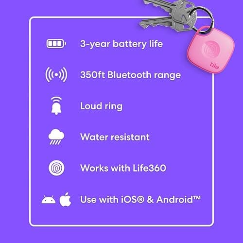 Tile by Life360 Mate - Bluetooth Tracker, Keys Finder and Item Locator for Keys, Bags and More. Phone Finder. Both iOS and Android Compatible. 1-Pack (Pink Punch) thumbnail 7