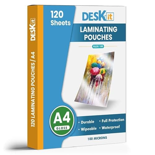 Deskit Laminating Pouches A4, Glossy, 120 Sheets, 100 Microns - Clear and Durable Presentations - Flexible Rigidity for Everyday Use - Image 1