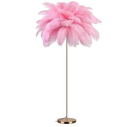 Fivemengo Feather Floor Lamp for Living Room, Fluffy Ostrich Feathers Lamp, Rose Gold Color Body, 3 Color Temperatures Modern Funky Arc Tall Standing Lamp for Bedroom Inclued Bright LED Bulbs (Pink) - Image 1