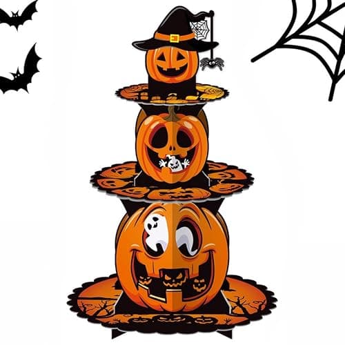 3 Tier Halloween Cupcake Stand - Cardboard Pumpkin Dessert Display Holder | Cupcake Tower for Spooky Party Table, Haunted House Treats, Trick-or-Treat Setup, and Halloween Decorations - Image 1