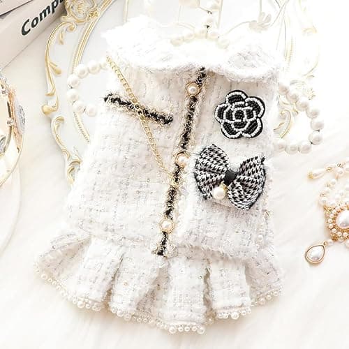 Dog Princess Dresses for Small Dogs Lolita Clothes Tweed Costume White Pet Girl Cute Coat Outfits Fall Costumes (L,White) thumbnail 2