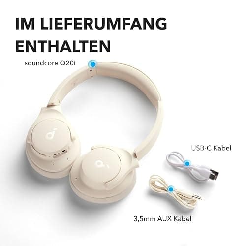 soundcore by Anker Q20i kabelloser Bluetooth Over-Ear-Kopfhörer mit Hybrid Active Noise Cancelling, 40h Spielzeit im ANC-Modus, Hi-Res Audio, tiefer Bass, Personalisierung per App(Weiß) thumbnail 6