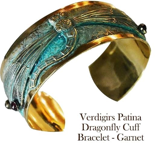 Verdigris Patina Solid Brass Decorative Dragonfly Cuff - Genuine Garnet thumbnail 8