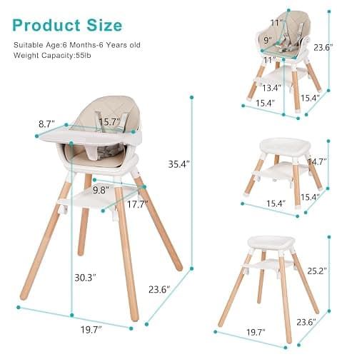 Komcot High Chair, 6 in 1 Convertible High Chairs for Babies and Toddlers | Wooden Baby High Chair, Toddler Highchair with Double Tray & Reversible Footrest, 5-Point Harness Baby Feeding Chair, Beige thumbnail 2