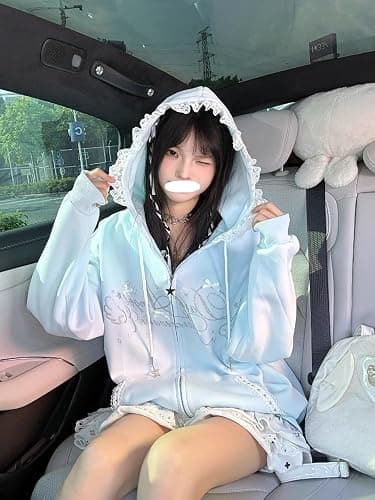 Xojbzoo Y2K Kawaii Bow Lace Trim Zip Hoodie Oversized | Lace trim hood & pockets, adjustable drawstring bows, coquette aesthetic, black blue pink colors, soft cotton blend thumbnail 2