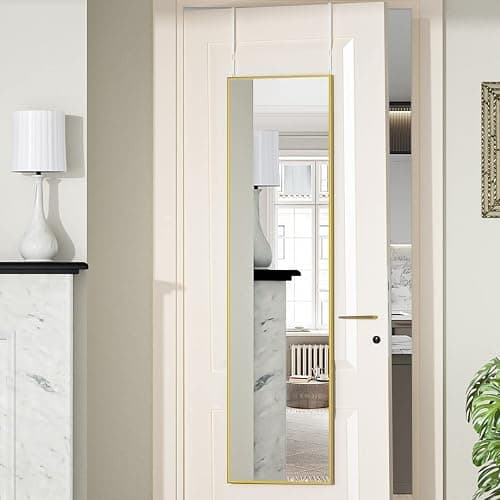 BEAUTYPEAK 14" x 48" Adjustable Height Over The Door Mirror, Rectangular Full Length Hanging Door Mirror with Shatterproof Tempered Glass Aluminum Alloy Frame for Dormitory, Gold thumbnail 9