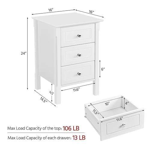 Yaheetech Nightstand with 3 Drawers, Wooden 3-Drawer Bedside Table with Solid Wood Legs, Bedside Cupboard Storage Organizer for Bedroom Home Office Small Space, Easy Assembly, White thumbnail 3