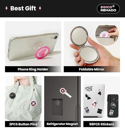 Stray Merch Gift Box Set, Including 60 Photocards, 96 Stickers, 3 Inches Photocards Binder, 4 Bracelets, Foldable Mirror, 2 Button Pins, Keychain, Fridge Magnet, Phone Ring Holder, 6 Pens for Stay thumbnail 7