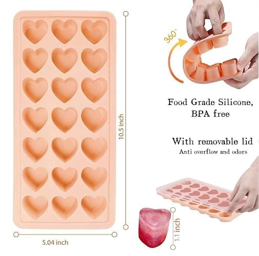 2 Pack Heart-Shaped Ice Cube Trays - 42 Holes Silicone Heart Ice Cube Tray with Lid, BPA Free and Dishwasher Safe, Mini Fun Ice Cube Mold, Easy to Remove (Pink + Blue) thumbnail 3
