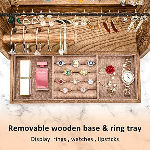 DGWJSU Jewelry Organizer Stand, 5 Layer Earring Holder Organizer with Necklace Holder, Rustic Wood Earring Organizer Display for Stud Earring Bracelet Necklace Ring, Watches thumbnail 3