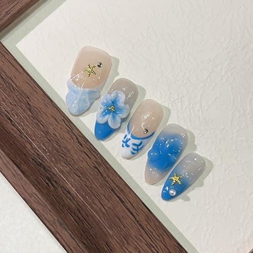 Blue Flower Press on Nails Medium Almond Handmade Fake Nails with Pearl Gold Starfish Gems Design 3D Ripple False Nails Full Cover Artificial Glue on Nails Summer Stick on Nail for Women DIY 10Pcs thumbnail 3