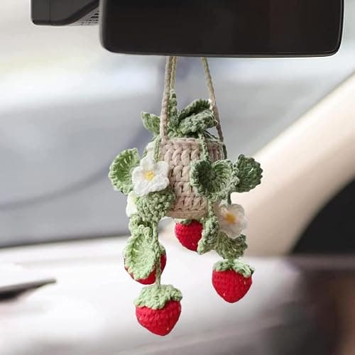 Cute Crochet Plant for Car Rear View Mirror,Boho Handmade Car Mirror Hanging Accessories for Women Girls,Green Interior Aesthetic Decor Truck Hanger Ornament Charm for Men (Red Strawberry Plant) - Image 1