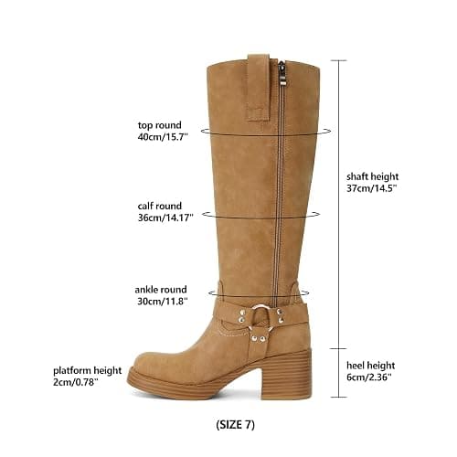 Dsevht Leather Knee High Chunky Platform Heeled Long Boots for Women: Round Toe GoGo Riding Motocycle Boots thumbnail 7