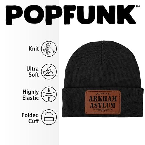 Batman Property of Arkham Asylum Unisex Rectangle Leather Patch Knit Beanie with Folded Cuff, Black thumbnail 4