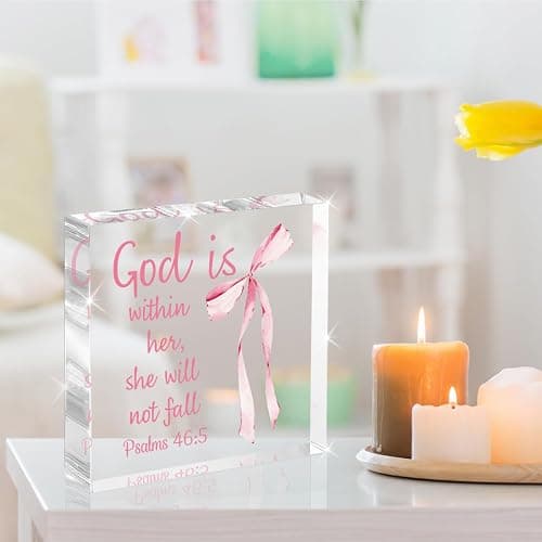 Pink Bow Room Decor, Inspirational Bible Verse Quotes, Christian Gifts for Women, Coquette Aesthetic Bow Dorm Decoration, Office Decor for Women, Acrylic Office Desk Accessories Decoration-Psalm 46:5 thumbnail 2