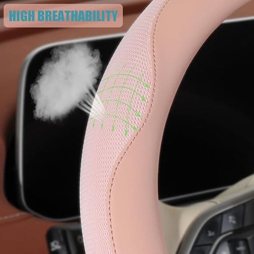 Binsheo Nappa Leather Pink D Shape Steering Wheel Cover, Advanced Microfiber Leather Non-Slip Breathable Fabric, Warm in Winter and Cool in Summer, Universal 15 inch thumbnail 3