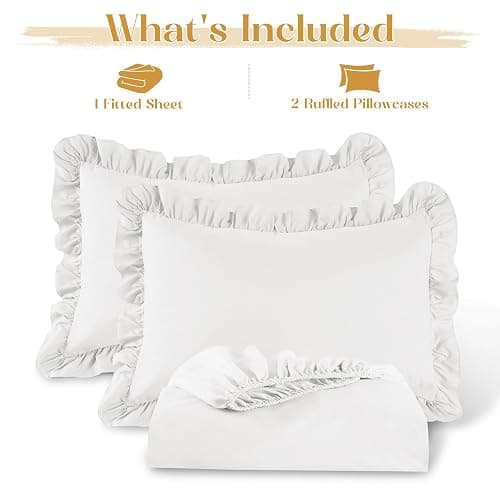 Homiest 2-Pieces Ruffle Pillow Case & Fitted Sheet Set, White Twin Sheets with Ruffled Pillow Shams, 15 Inch Deep Pocket, Cute & Coquette Microfiber Bed Set for Decorating Bedroom Hotel thumbnail 3