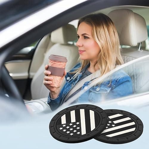 Osilly Car Cup Holder Coasters, 4 Pack American Flag Insert Car Cup Coaster, 2.75 Inch PVC Anti Slip Shockproof Embedded Drink Mat, Car Interior Decoration Accessories for SUV, Truck (Black) thumbnail 6