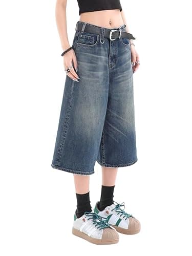 Lafaguw Baggy Jorts Women Y2K Capri Wide Leg Long Jean Shorts Summer | Cropped Jeans,High Waisted,Oversized Jorts,Hangable Design,Classic 4 Pockets,Streetwear Clothes,Business Casual Outfits thumbnail 3