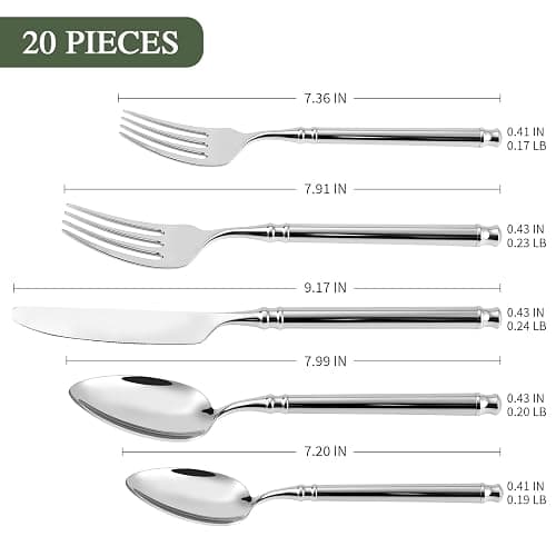 DEACORY Silverware Set 18/10 Stainless Steel Vintage Flatware Set, 20-Piece Hand Forged Mirror Silver Finish Cutlery for Kitchen, Home, Wedding, Party, Dishwasher Safe Service for 4 thumbnail 2