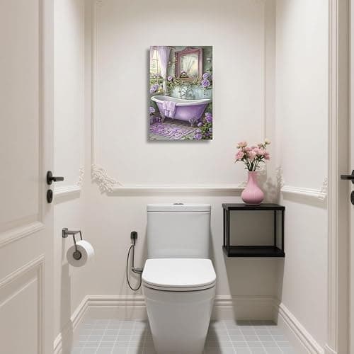 XLMDYYSW Purple Bathroom Canvas Wall Art Vintage Bathtub with Rose Pictures Rustic Floral Botanical Painting Print for Luxury Toilet Restroom Home Decor Framed (Purple, 18L x 12W) thumbnail 5