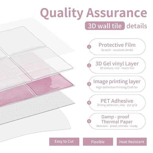 Alwayspon 15x15cmx10Stk 3D selbstklebende Wandfliesenaufkleber, Abzieh- und Aufklebefolie, wasserdichte Spritzschutzfliesenaufkleber zum Aufkleben für Küche, Badezimmer, Wand, Rosa thumbnail 8