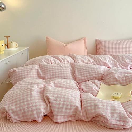 Covebett Duvet Cover Single Pink White Grid Washed Microfiber Bedding Set Cute Girls Women Checked Plaid Quilt Cover 135x200 Zipper Closure and 1 Pillowcase 50x75cm thumbnail 4