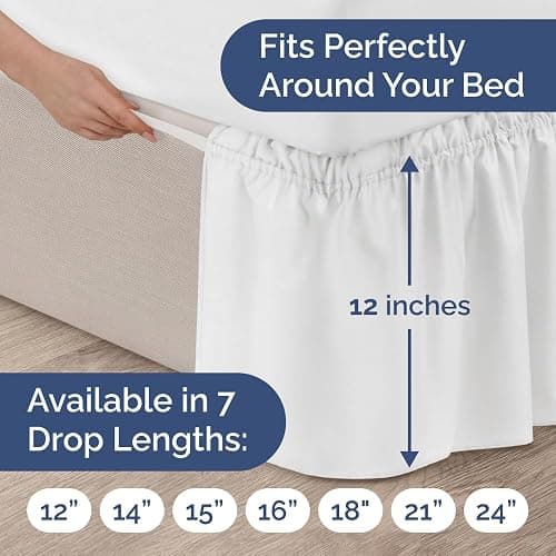 Wrap Around Dust Ruffle Bed Skirt - White - for Full Size Beds with 12 Inch Drop - Easy Fit Elastic Strap - Adjustable Pleated Bedskirt w/Brushed Fabric - Wrinkle Free - for Women, Men, Kids & Teens thumbnail 4