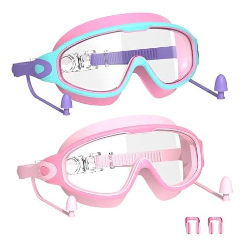 YLKJSWIM Swim Goggles for Kids 3-15 with Earplugs Large Frame Anti-Fog/UV Swimming Goggles for Boys Girls Toddler 2PCS - Coral Purple &Pink - Image 1
