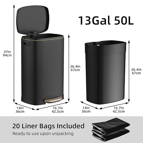 KUK 13 Gallon Kitchen Trash Can with Lid, 50L/13Gal Office Step Garbage Can for Home, Kitchen, Laundry Room, Office, Brushed Stainless Steel, Black thumbnail 7